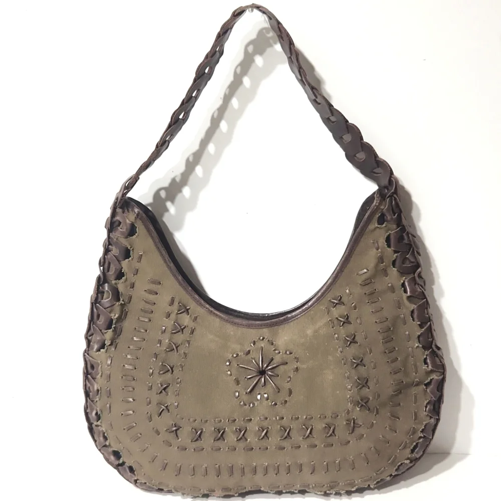 RARE! Cortefiel Canvas & Leather Hobo Shoulder Bag Sage Green & Brown